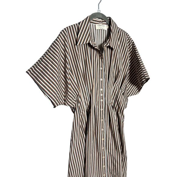 Anthropologie Exquise The Tobie Button Front Pleated Shirt Dress Brown Striped - Picture 6 of 8